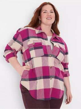 Lane Bryant Magenta and Cream Plaid Shacket Shirt 100% Cotton Countrychic Trendy